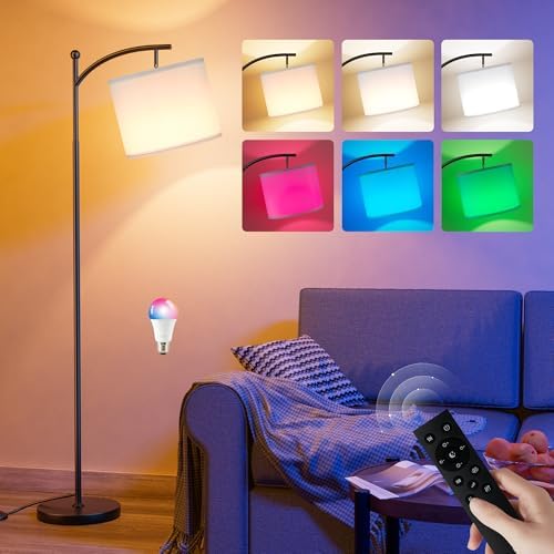 Ambimall Floor Lamps with Smart Light Bulb, RGB + Color Temperatures Bright Dimmable Smart Floor lamp(White Shade & Black Pole) by Ambimall