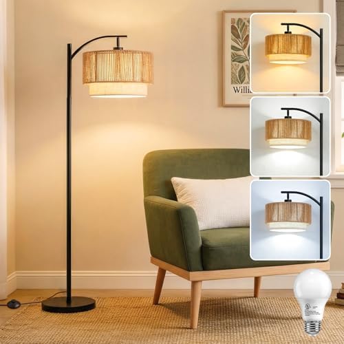 TJOY Arc Floor Lamp for Living Room, Boho Rattan & Fabric Shades by TJOY