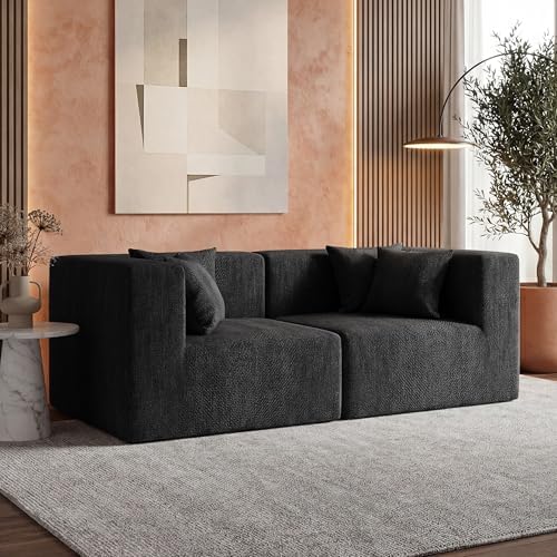 MONVANE 75" Loveseat Sofa, Comfy Chenille Modular Sectional Sofa with 4 Pillows, Modern Deep Seat Boneless Couch, 2 Seater Sofa for Living Room, Bedroom and Apartment, Black by MONVANE