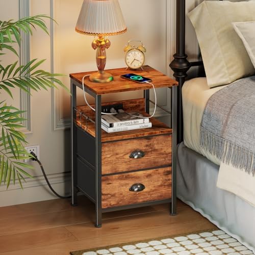 Nightstand with Charging Station for Dorm, 2 Fabric Drawers, Rustic Brown - Image 2