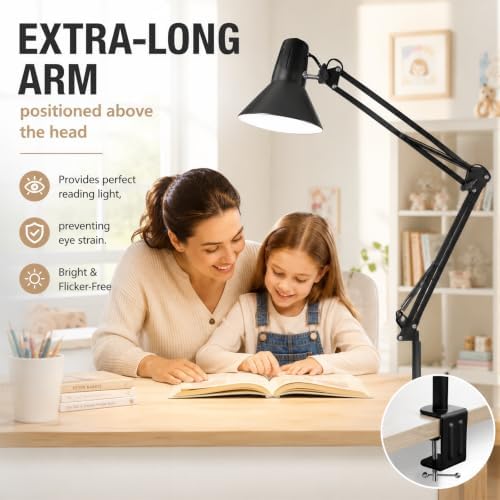 Black Desk Lamp with Clamp, Extra-Tall Adjustable Metal Swing Arm, 5000K - Image 6