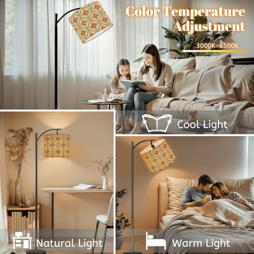 Arc Floor Lamp Geometric Floral Tile Bold Orange Teal Blue Colors Dimmable Modern Standing Lamp with Remote Adjustable Drum Shade Footswitch Tall Pole Lamp for Living Room Bedroom - Image 5