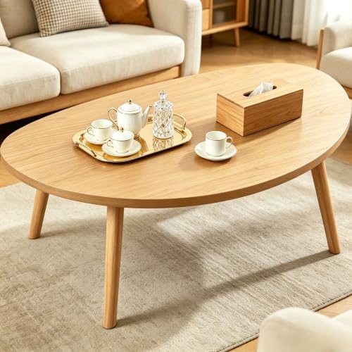 Coffee Table Low Table with Solid Wood Legs, 31.5x19.7 Large Coffee Table Side Table, Floor Table Desk for Sitting on The Floor, Living Room Furniture for Office Apartment Home, Pebble-Natural by FURMORENE