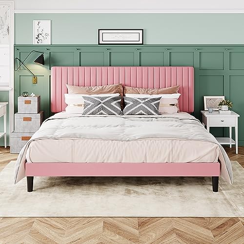 Allewie King Bed Frame, Velvet Upholstered Platform Bed with Adjustable Vertical Channel Tufted Headboard, Mattress Foundation with Strong Wooden Slats, Box Spring Optional, Easy Assembly, Pink by Allewie