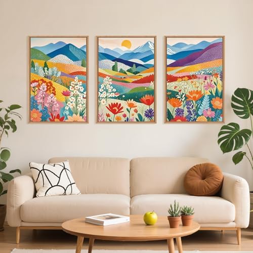 LHIUEM Large Abstract Mountain Flower Framed Canvas Wall Art,Colorful Watercolor Boho Wall Decor,Nature Floral Tree Wall Painting,Bohemian Artwork for Living Room,Bedroom,Dining Room,Office -16"x24"x3 - Image 2