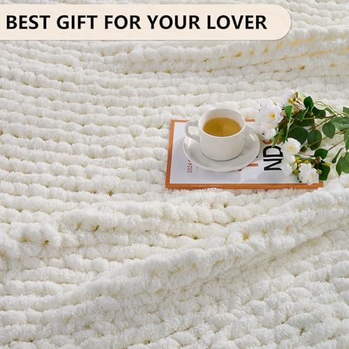 L'AGRATY Chunky Knit Throw Blanket for Couch, 60 x 80 Inches, Cream White - Image 6