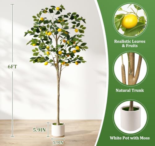 6FT Faux Lemon Tree with Natural Wood Trunk, Lifelike Artificial Plant - Image 3