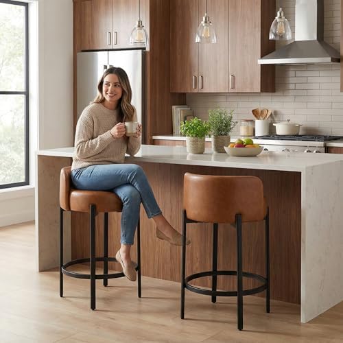 LukeAlon Modern PU Leather Counter Height Stools Set of 4, Upholstered 26" Seat Height Barstools with Black Metal Legs Round Low Back Kitchen Stools with Footrest for Dining Room Small Places, Brown - Image 3