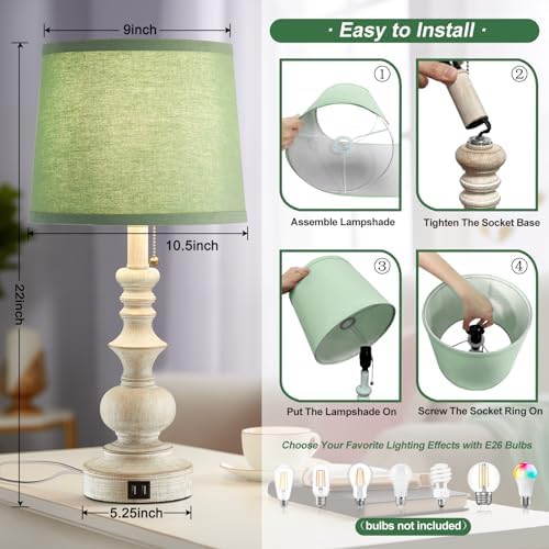 Drawealth 22'' Farmhouse Lamps for Bedrooms Set of 2 Bedside Lamps for Nightstand with USB Charging Ports Traditional Boho Table Lamps for Living Room Study Room,Green Shade,Bulbs Not Included - Image 5