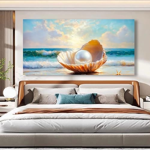 Seashells Pearls Pictures Canvas Wall Art Living Room Office Bedroom Wall Decor Sea Landscape Wall Art Prints Modern Blue and White Landscape Artwork Waterproof Ready to Hang - 20x40 inches - Image 4