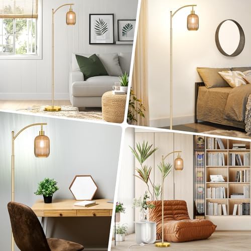 gernehop Glass Floor Lamp for Living Room, Modern Gold Standing Lamp with Ribbed Glass Lampshade Pedal Switch, 67” Tall Lamp for Bedroom Study Room - Image 7