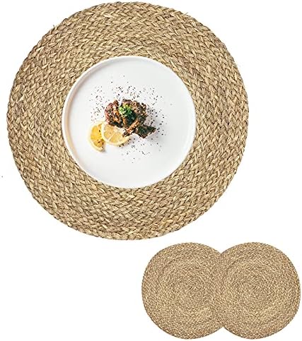 Woven Placemats for Dining Table Set of 2, 100% Natural Straw, Rustic Round Placemats Farmhouse Table Mats Rattan Wicker Placemats Hand Braided Place Mats for Indoor Outdoor, 14.17“ by CYSISTERS