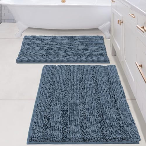 H.VERSAILTEX Bathroom Rug Sets 2 Piece Bath Mats Non Slip Thick Soft Chenille Striped Bath Rug achine Washable Shower Floor Rugs for Tub, Shower and Floor (Blue Indigo, 20" x 32"/24" x 36") by HVERSAILTEX