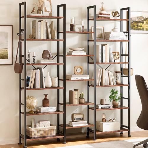 Furologee Triple Column 6 Tier Bookshelf, Large Bookcase with 17 Display Shelves, Wide Book Shelf with 6 Hooks, Adjustable Rustic Bookshelves Storage Organizer, Shelving Unit for Living Room, Office - Image 4