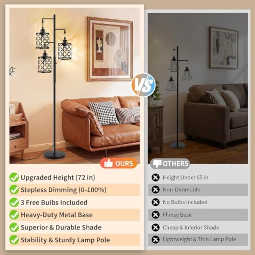 72" Industrial Tree Floor Lamp, Dimmable Farmhouse Tall Standing Lamp with Quatrefoil Cutout Shades & Rotary Dimmer, Corner Lighting for Living Room Bedroom, 3 x 800LM Bulbs Included -Black - Image 5