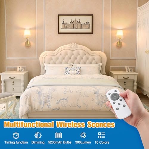 NIORSUN 13.8 inch Battery Operated Wall Sconce Set of 2,Gold Rechargeable Wall Lights with 10400mAh Dimmable Detachable Bulbs and Remote,9 Colors Wireless Sconces for Bedroom Living Room Hallway - Image 2