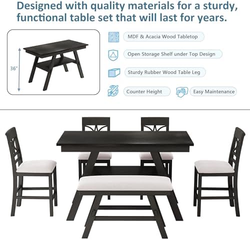 Heavy Solid Wood 6-Piece Counter Height Dining Table Set, Farmhouse Rustic Kitchen Dining Room Table Set with Padded 4 Chairs and Bench, 60 In Triangular Table with Storage Shelf (Espresso-T) - Image 7