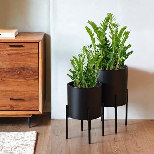 ARNIS Modern Plant Pots, Large Planters with Stand, Set of 2 Decorative Planters, Metal Plant Pots with Drainage Holes for Living Room, Office, Garden or Balcony, 10.5 &12.25 Inch, Black - Image 3