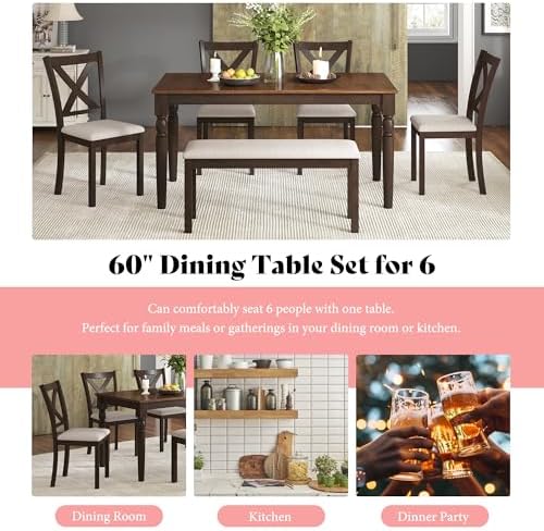 AMERLIFE 6 Piece Farmhouse Dining Set with 60" Solid Wood Table, Brown - Image 6