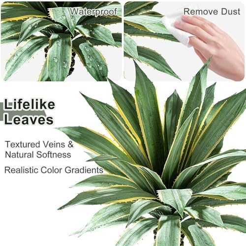 Artificial Agave Plant Potted Plants for Indoor Outdoor Fake Agave Tree in Pot Realistic Faux Tree with 42 Leaves for Home Living Room Office Garden Front Porch Patio Decor (51inch-1 Pc Potted Yellow) - Image 3