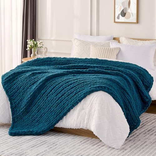 L'AGRATY Chunky Knit Throw Blanket for Couch, 80'' x 90'' Knit Throw, Blue by LAGRATY