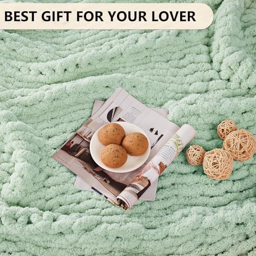 L'AGRATY Chunky Knit Throw Blanket for Couch, 60 x 80 Inches, Milky Green - Image 6
