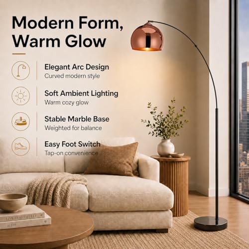 Teamson Home Arquer 66.93" Arc Floor Lamp for Living Rooms, Home Offices, Dining Rooms, Bedrooms with Faux Black Marble Base and Rose Gold Bell Shade - Image 2