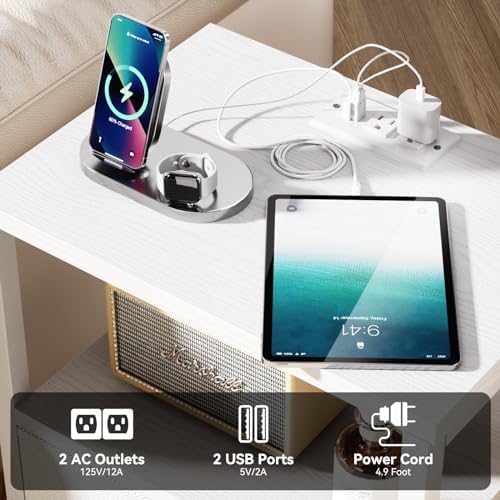 Furologee Nightstands Set of 2, End Tables Set of 2 with Charging Station and LED Lights, White Night Stands with 2 Fabric Drawers, Bedside Tables for Living Room/Bedroom - Image 5