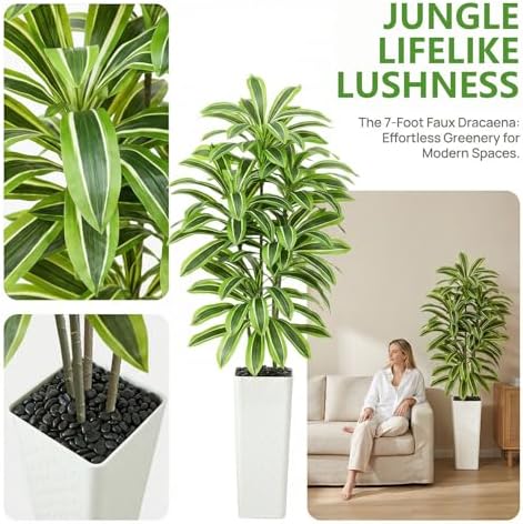 Artificial Yellow Dracaena Tree Indoor, 7FT Tall Fake Floor Plants with White Planter & Pebbles, Faux Silk Yucca Tree for Home Office Living Room Bedroom Farmhouse Modern Outdoor Topiary Tree - Image 3