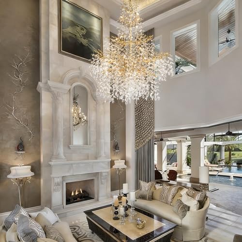 YUYI 65" Long Crystal Chandelier for High Ceiling, 27-Light Gold Tree Branch Chandelier, Large Chandeliers for High Ceilings, Staircase, Foyer, Entryway, Luxury K9 Crystal Raindrop Tiered Chandelier - Image 3