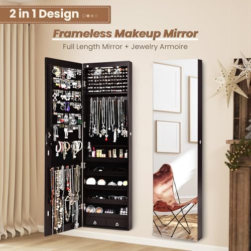 NAFORT 2 LEDs Mirror Jewelry Cabinet, 47.5-Inch Tall Wall or Door Mounted Jewelry Organizers and Storage with Frameless Full-length Mirror, Lockable Jewelry Armoire with 2 Drawers, Espresso - Image 7