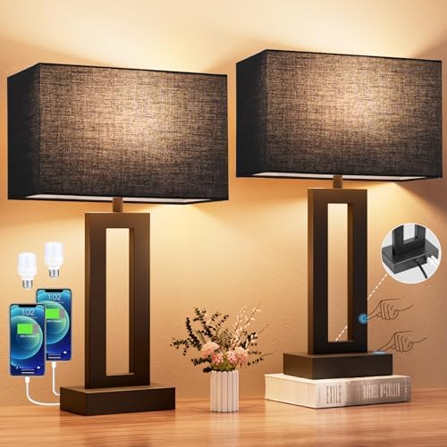 Seealle Nightstand Table Lamps for Bedrooms Set of 2 - Touch Bedside Lamp with USB C+A, 3 Way Dimmable Living Room End Tables 2, Modern Night Stand Bed Side Guest Room(Black) E. Black by SeealleLighting