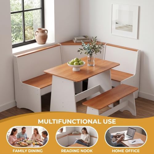 Item Name: Farmhouse Breakfast Nook Table Set with L-Shaped Bench & Storage, Reversible Seating for 3-4, Easy-Clean Waterproof Laminate, Space-Saving Corner Design (White + Natural) - Image 6