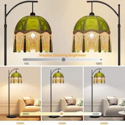 Arc Floor Lamp for Living Room,Bedroom,Standing Lamp with Remote Dimmable,Green Mid Century Black Tall Lamp Boho Vintage Retro Fringe Tassel Flower Velvet Unique Lamp Victorian Tiffany Decor - Image 2