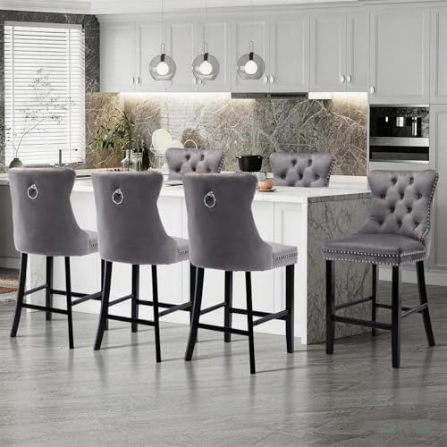 SoarFlash Modern Velvet Upholstered Bar Stools Set of 6 with Wood Legs, Button Tufted,Chrome Nailhead, Counterstool Seat, Armless Bar Chairs (Gray) - Image 4