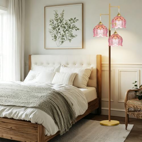 QIYIZM Pink Floor Lamp for Living Room,Bedroom,Glass Mid Century Modern Standing Lamp Brass Tree 3 Light Tall Floor Lamps Wood Vintage Retro Gold Floor Lights Standing Flower LampShade Boho Bohemian - Image 6