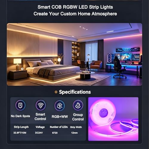 RGBW COB LED Strip Light 32.8FT,6720 LEDs 12mm Flexible Led Light for Home - Image 4