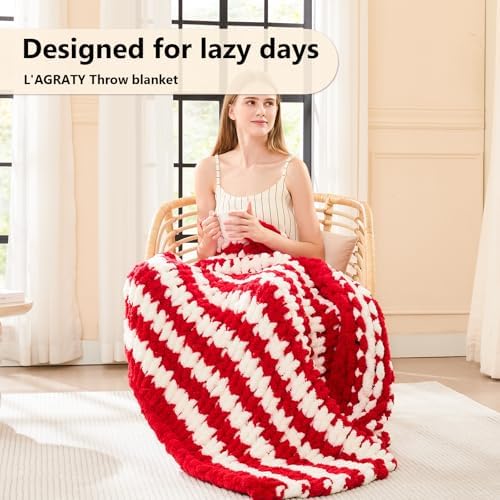 L'AGRATY Chunky Knit Throw Blanket for Couch, 40 x 50 Inches, Red White - Image 2