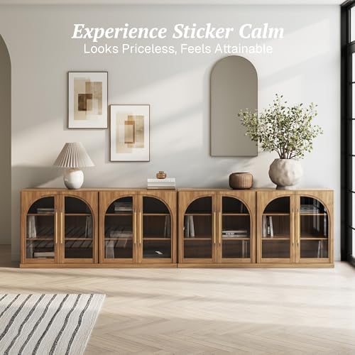 BELLEZE Set of 2 65" Arched Sideboard with Glass Door, Accent Buffet Cabinet with Storage and Adjustable Shelves, Classic Modern Large Console Sideboard for Living Room Kitchen Entryway (Camel) - Image 3