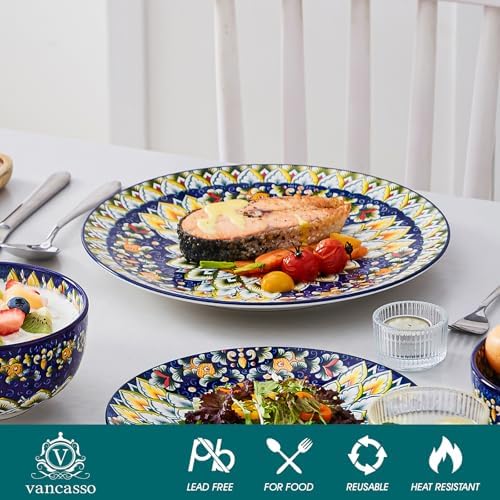 vancasso 12 Pieces Dinnerware Sets, Blue Plates and Bowls Set, Porcelain Dishes Set for 4, Microwave and Dishwasher Safe, Scratch Resistant, Bohemian Style Dining Ware Service for 4, Series SIMI - Image 3