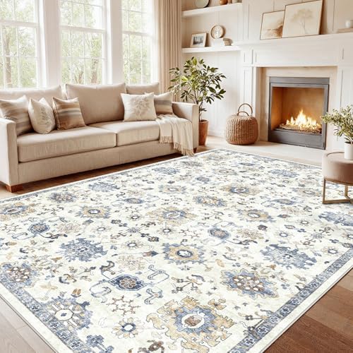 Amada Large 10x14 Washable Area Rug for Living Room, Blue/White, Vintage by AMADAHOMEFURNISHING