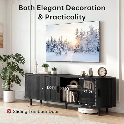 65" Mid Century Modern TV Stand, Wood TV Consoles with Sliding Doors and Power Outlet, Fluted Entertainment Center with Adjustable Shelves, Media Console for Living Room, Black - Image 4