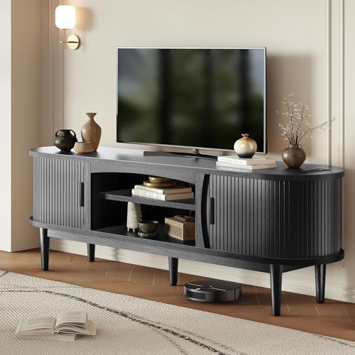 Decofy Mid Century TV Stand for TVs up to 70 Inches, Entertainment Center with Storage, Power Outlet, Fluted Sliding Doors & Adjustable Shelves, Modern Media TV Console Table for Living Room (Black) - Image 7