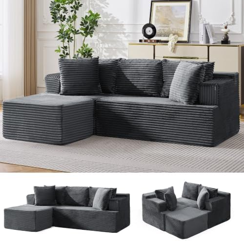 Korser Boneless Couches for Living Room, Cloud Couch Sectional with Ottoman, L-Shaped Sofa with Fluffy Comfy Corduroy Deep Seat, Bedroom, Apartment, No Assembly Required by KORSER
