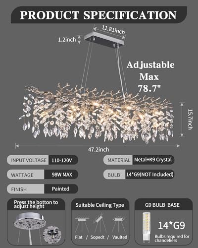 Modern Tree Branch Crystal Chandelier Luxury Silver Crystal Pendant Lighting 47.2" Contemporary 14-Light Chandeliers for Dining Room Kitchen Bedroom Living Room - Image 2