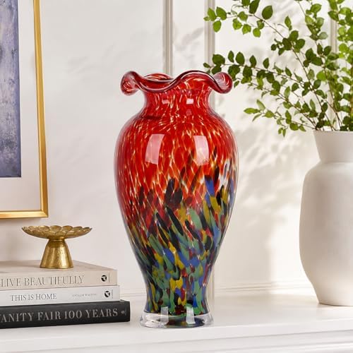 12" Tall Hand Blown Glass Vase – Pretty Ruffle Wide Mouth Decorative Flower Vase, for Modern Home Decor, Ideal Centerpiece for Living Rooms, Wedding & Home Decor - Image 6