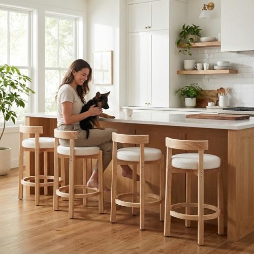 LukeAlon Sherpa Counter Stools Set of 4, Mid Century Upholstered 26.5" Seat Height Low Barstools with Natural Wood Legs Round Low Back Kitchen Stools with Footrest for Dining Room, White by LukeAlon