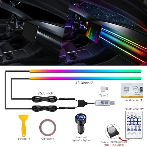 Dreamcolor Acrylic Interior Car LED Strip Light with USB/Type C/4-Port Cigarette Lighter, RGB 2 in 1 with 86.6 inches LEDs Ambient Lighting Kits, Sound Active Function Neon Led Strips for Car - Image 3