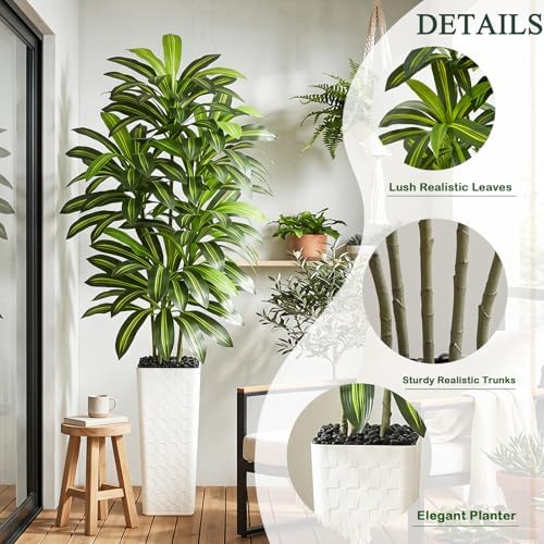 Artificial Dracaena Tree Indoor, 7FT Tall Fake Floor Plants with White Planter & Pebbles, Faux Silk Yucca Tree for Home Office Living Room Bedroom Farmhouse Modern Outdoor Topiary Tree - Image 3