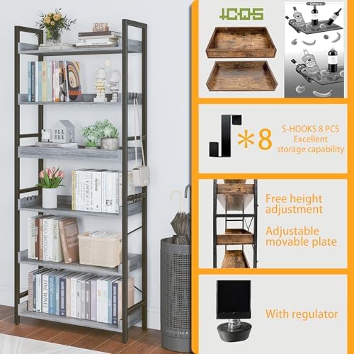 HCHQHS 6 Tier Bookshelf, Adjustable Industrial Bookcase, Vertical Tall Book Shelf, Wood and Black Metal Open Bookshelves for Home Office, Living Room, Bedroom - Image 6